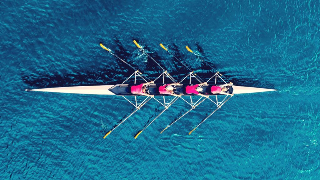 Overhead view of rowers in water